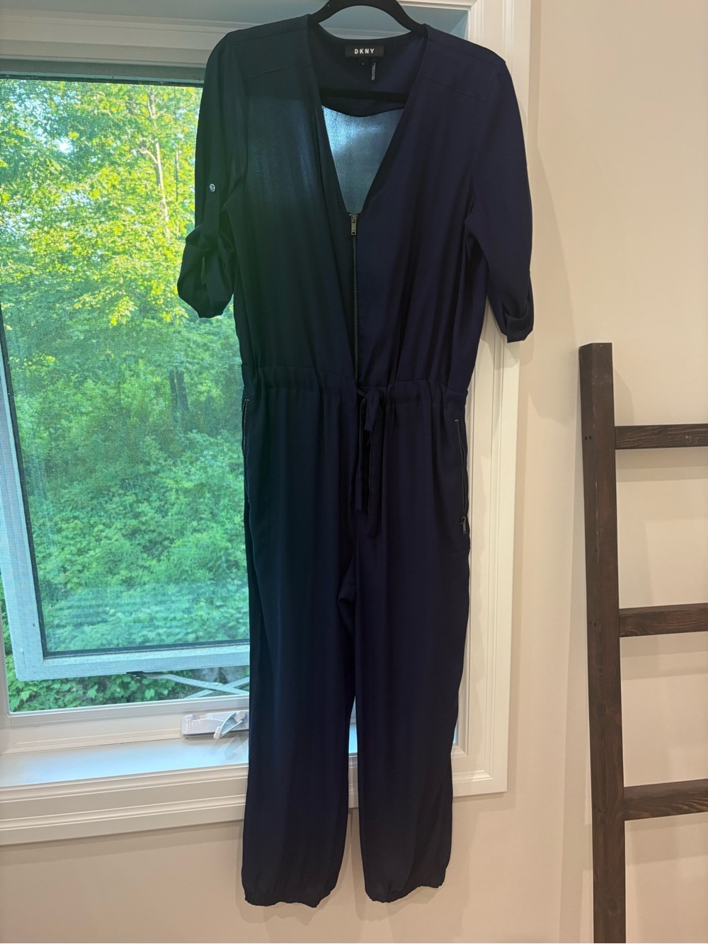 DKNY Navy Blue Zip-Front Drawstring Jumpsuit